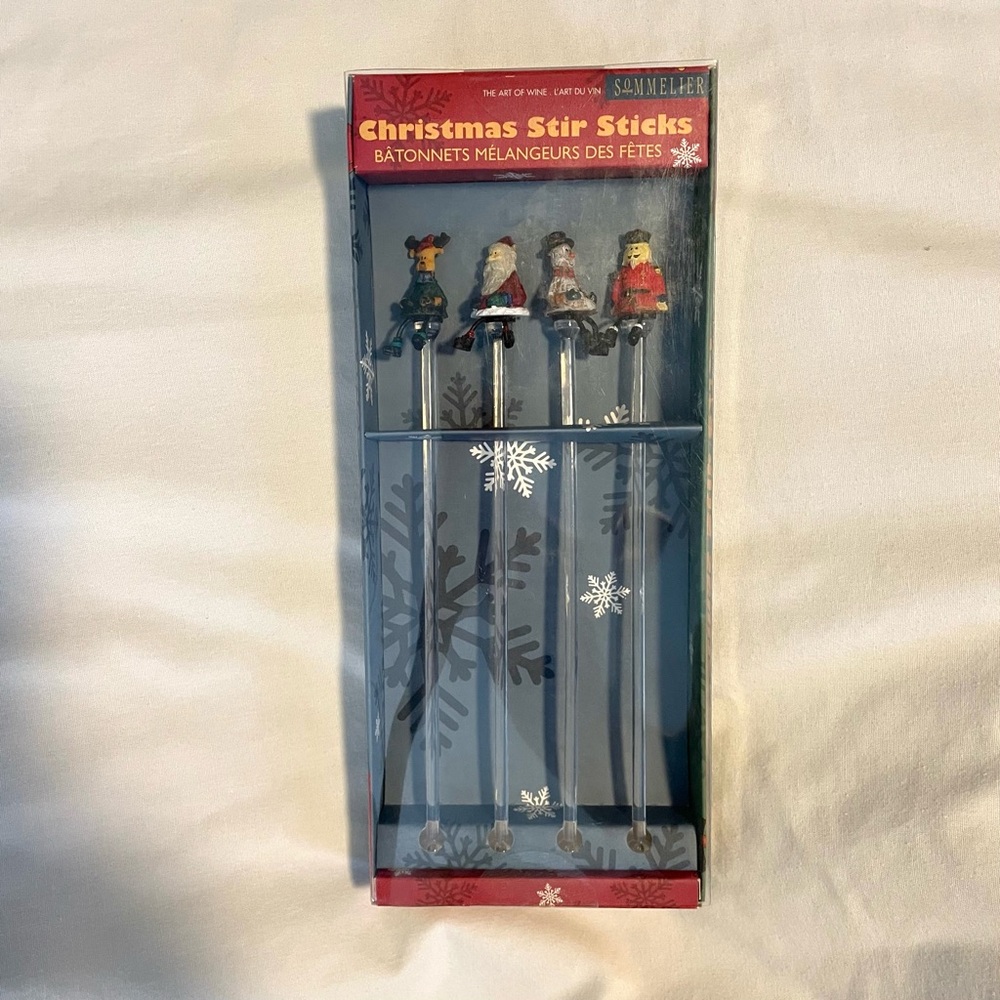 *VINTAGE* Sommelier Christmas Glass Swizzle Sticks - Xmas Figures Stir Sticks